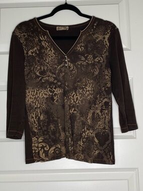 Brown Patterned Long-Sleeve Henley Top